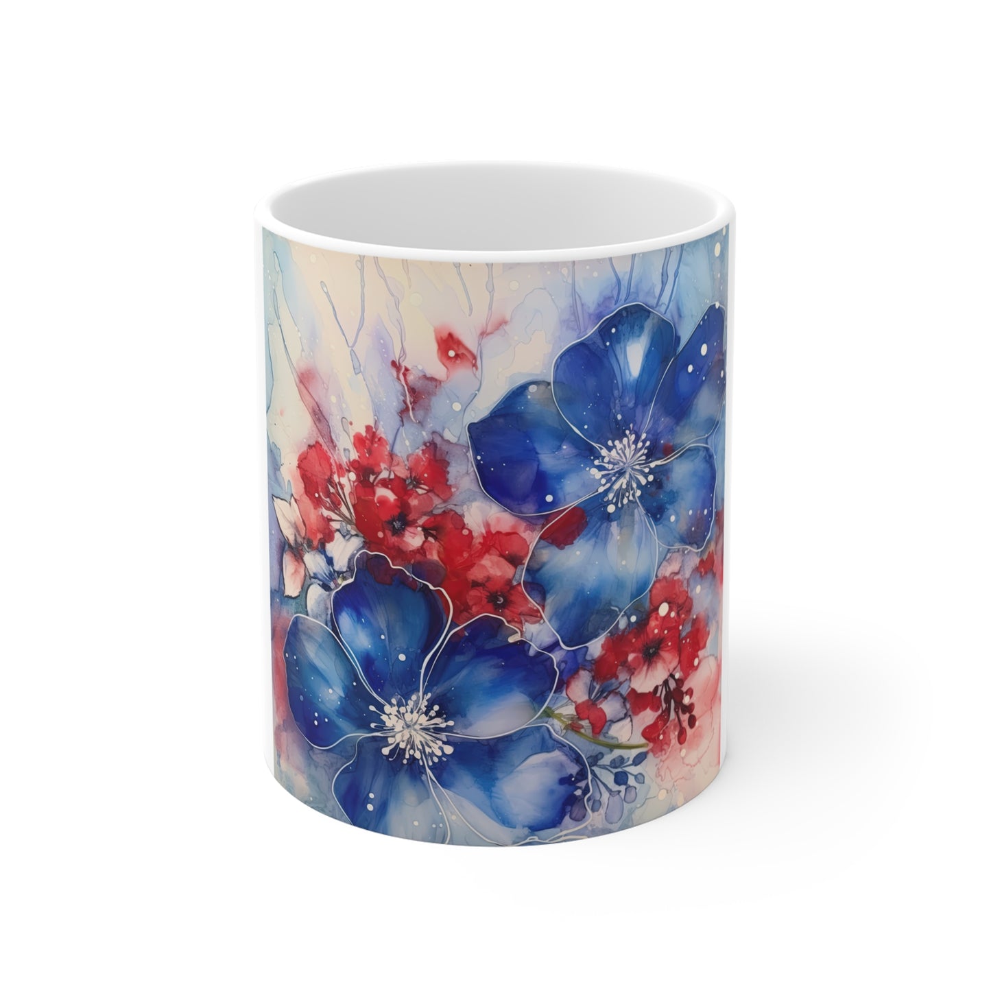 Patriotic Floral Watercolor Coffee Mug – Blue Red Botanical Mug – Soft Americana Flower Cup – Elegant Artistic Gift Mug Blue & Red Watercolor Floral Mug - 11oz Artistic Spring Coffee Cup