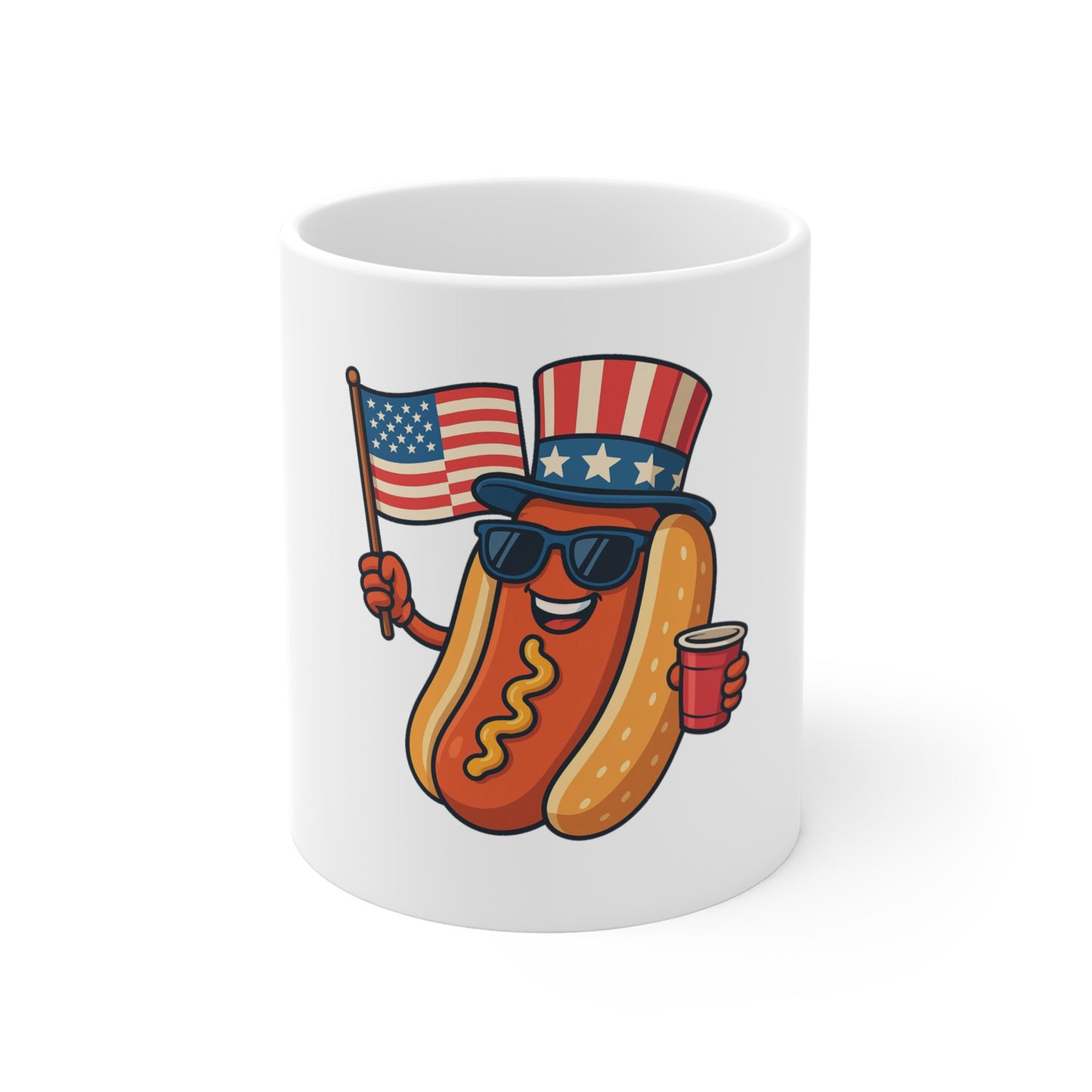 Patriotic Hot Dog Mug — Cute Uncle Sam Hotdog with Flag & Cup (4th of July Coffee Mug)