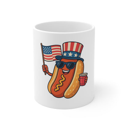 Patriotic Hot Dog Mug — Cute Uncle Sam Hotdog with Flag & Cup (4th of July Coffee Mug)