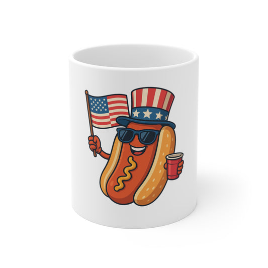 Patriotic Hot Dog Mug — Cute Uncle Sam Hotdog with Flag & Cup (4th of July Coffee Mug)