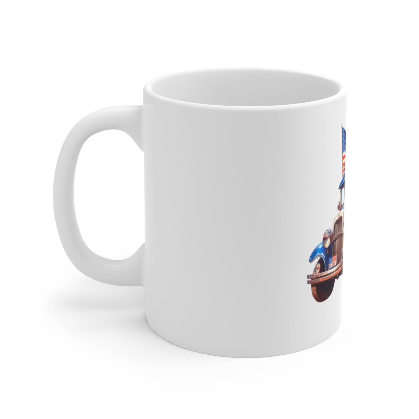 American Vintage Roadster Mug — Patriotic 11oz Coffee Cup with Flag-Striped Classic Car
