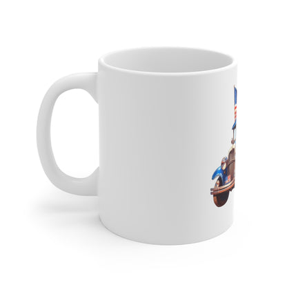 American Vintage Roadster Mug — Patriotic 11oz Coffee Cup with Flag-Striped Classic Car