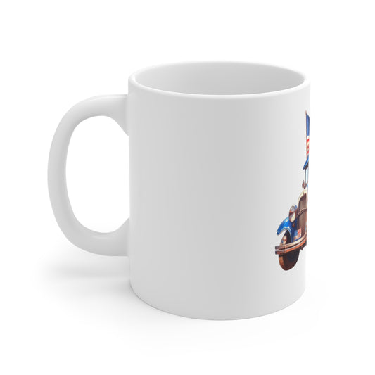 American Vintage Roadster Mug — Patriotic 11oz Coffee Cup with Flag-Striped Classic Car