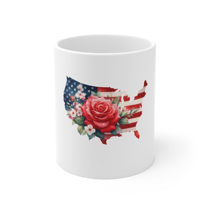 Patriotic USA Map Floral Mug – American Flag with Red Rose 11oz