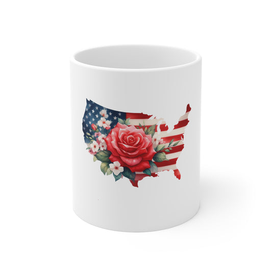 Patriotic USA Map Floral Mug – American Flag with Red Rose 11oz