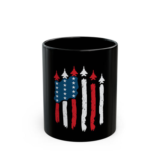 Patriotic Fighter Jet Flag Mug – USA Air Force Inspired Coffee Mug – Red White Blue Jet Formation Cup – Military Aviation Gift Black Mug (11oz, 15oz)