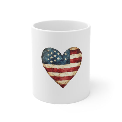 American Flag Heart Mug - Patriotic 11oz Coffee Cup for Fourth of July & Veterans