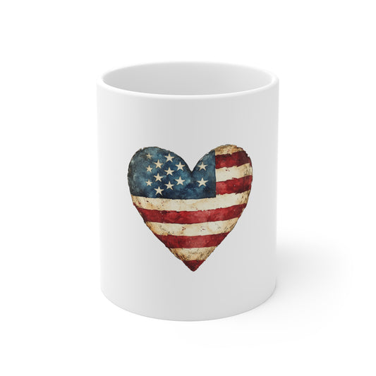 American Flag Heart Mug - Patriotic 11oz Coffee Cup for Fourth of July & Veterans