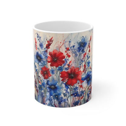 Patriotic Watercolor Floral Coffee Mug – Red Blue Wildflower Mug – Artistic Americana Bloom Cup – Abstract Botanical Gift Mug 11oz Red & Blue Floral Mug — Watercolor Poppy Coffee Cup