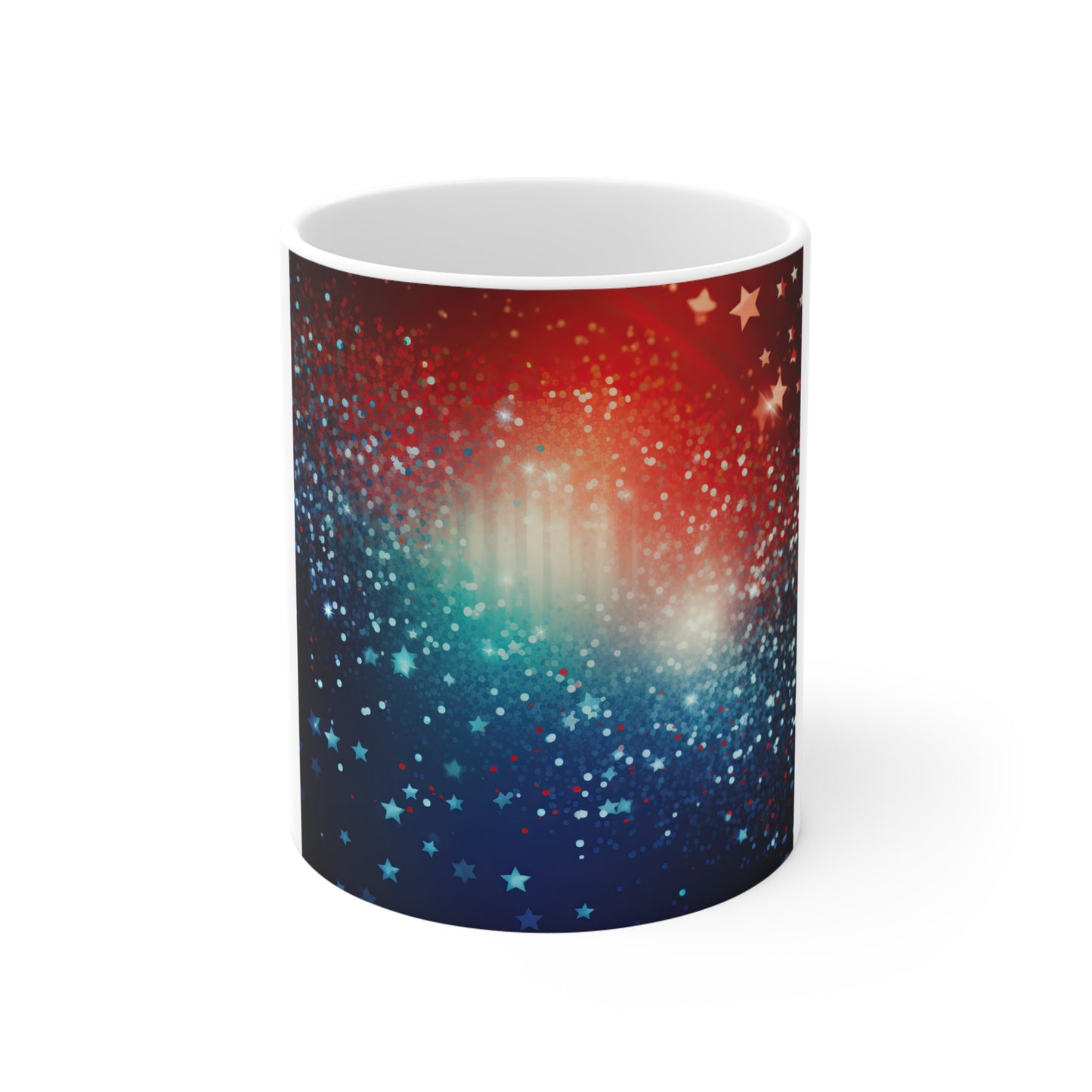 Patriotic Glitter Galaxy Coffee Mug – Red White Blue Sparkle Mug – Starfield Americana Cup – Radiant USA Celebration Design Patriotic Starry Night 11oz Ceramic Mug