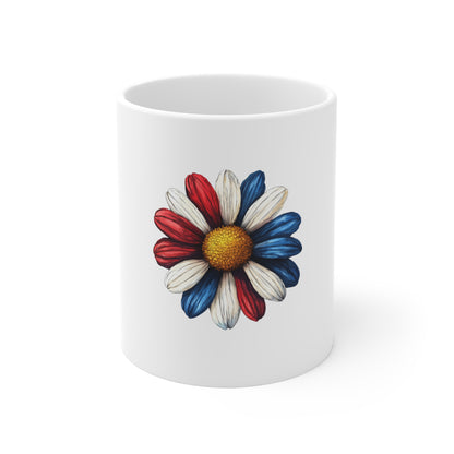 Patriotic Daisy Mug — Red White Blue Flower 11oz Coffee Cup
