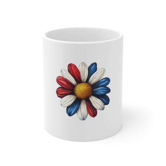 Patriotic Daisy Mug — Red White Blue Flower 11oz Coffee Cup