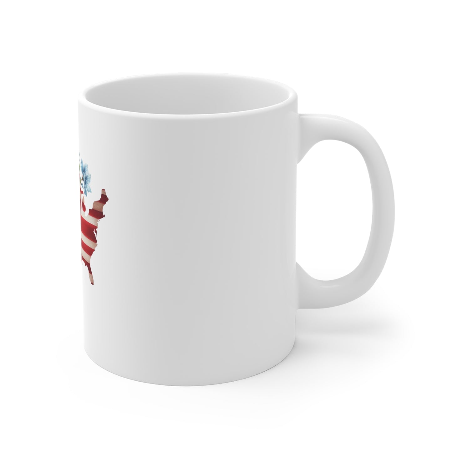 Patriotic USA Floral Map Mug — American Flag with Red & White Flowers, 11oz