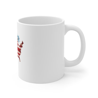 Patriotic USA Floral Map Mug — American Flag with Red & White Flowers, 11oz