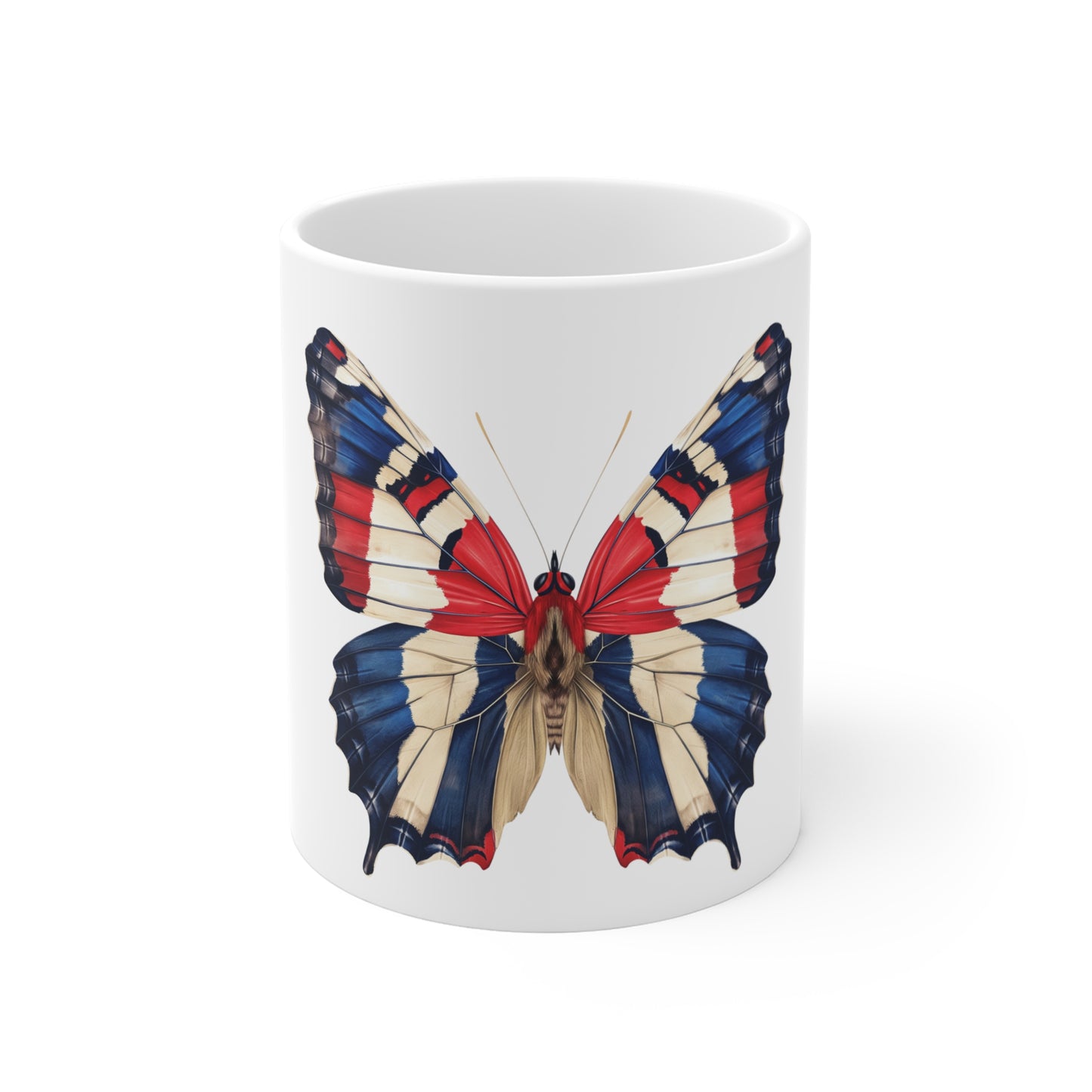 Classic Americana Butterfly Coffee Mug – Bold Red White Blue Wing Mug – Traditional USA Art Cup – Patriotic Gift Mug Mug 11oz