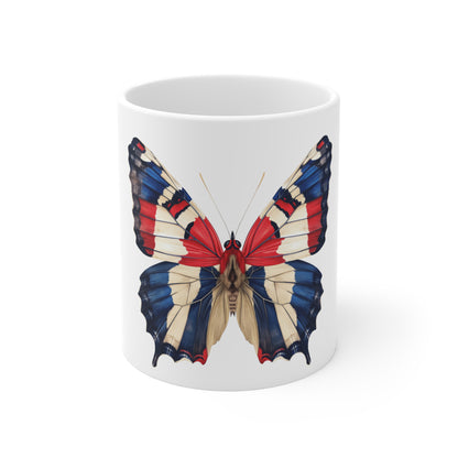 Classic Americana Butterfly Coffee Mug – Bold Red White Blue Wing Mug – Traditional USA Art Cup – Patriotic Gift Mug Mug 11oz