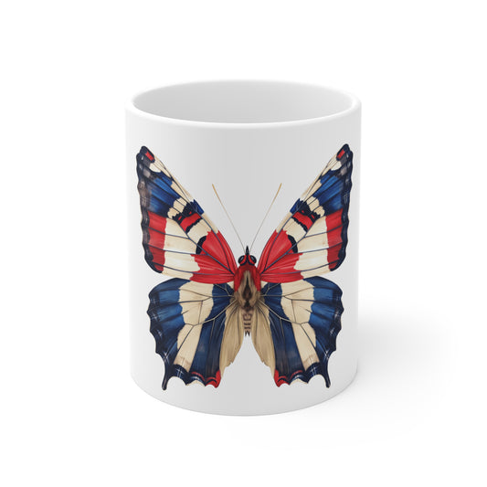 Classic Americana Butterfly Coffee Mug – Bold Red White Blue Wing Mug – Traditional USA Art Cup – Patriotic Gift Mug Mug 11oz