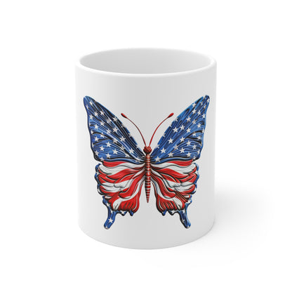 Bold American Flag Butterfly Mug – Vibrant Patriotic Butterfly Coffee Mug – Red White Blue Flowing Wing Design – USA Statement Gift American Flag Butterfly Mug — Patriotic 11oz Coffee Cup