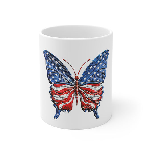 Bold American Flag Butterfly Mug – Vibrant Patriotic Butterfly Coffee Mug – Red White Blue Flowing Wing Design – USA Statement Gift American Flag Butterfly Mug — Patriotic 11oz Coffee Cup